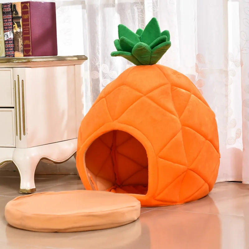 Cute Pet Bed House Winter Warm Mat Kennel Pineapple Shaped Soft Sponge Puppy Machine Washable Cloth For Small Medium Cat Dog