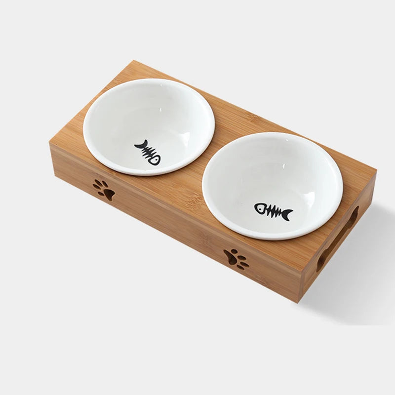 Pet Dog Cat Bowl Ceramic Bowl Bamboo Wooden Table Into A Kitten Skid Resistant Double Bowl Small Dog Food Bowl