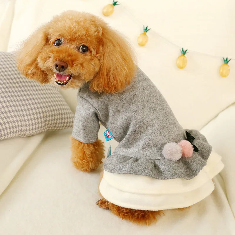 PETCIRCLE Pet Clothes Dog Clothes Teddy Bichon Pomeranian Small Dog Autumn And Winter Clothes Dog Double Ball Bow Dress