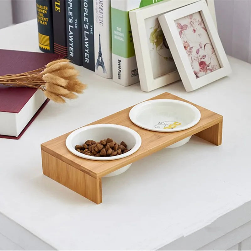 Pet Dog Cat Bowl Ceramic Bowl Bamboo Wooden Table Into A Kitten Skid Resistant Double Bowl Small Dog Food Bowl
