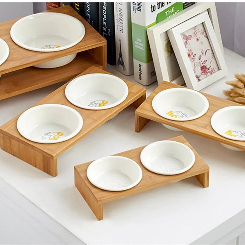 Pet Dog Cat Bowl Ceramic Bowl Bamboo Wooden Table Into A Kitten Skid Resistant Double Bowl Small Dog Food Bowl