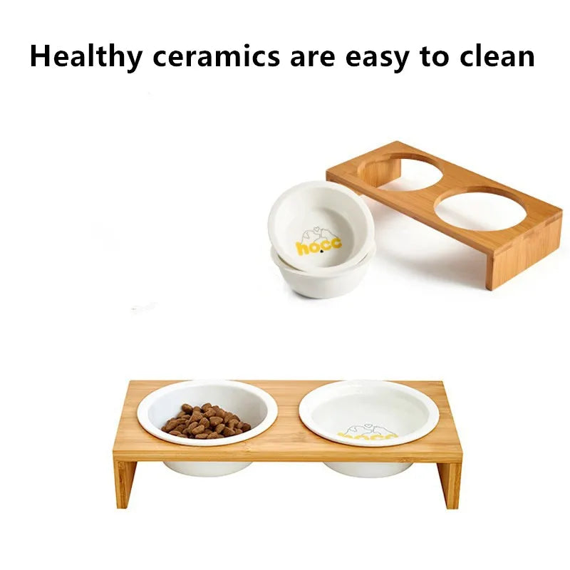 Pet Dog Cat Bowl Ceramic Bowl Bamboo Wooden Table Into A Kitten Skid Resistant Double Bowl Small Dog Food Bowl