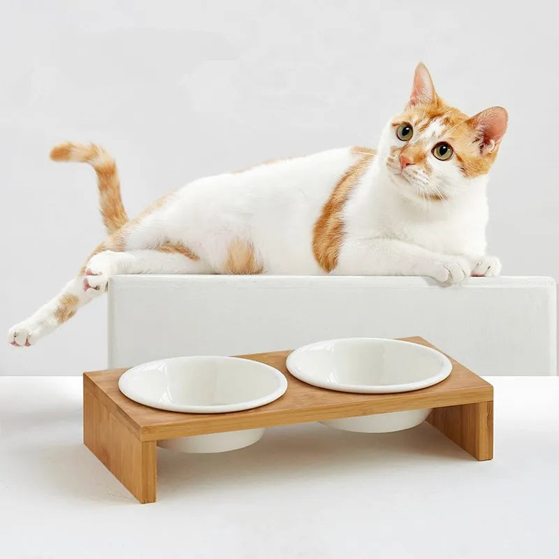 Pet Dog Cat Bowl Ceramic Bowl Bamboo Wooden Table Into A Kitten Skid Resistant Double Bowl Small Dog Food Bowl