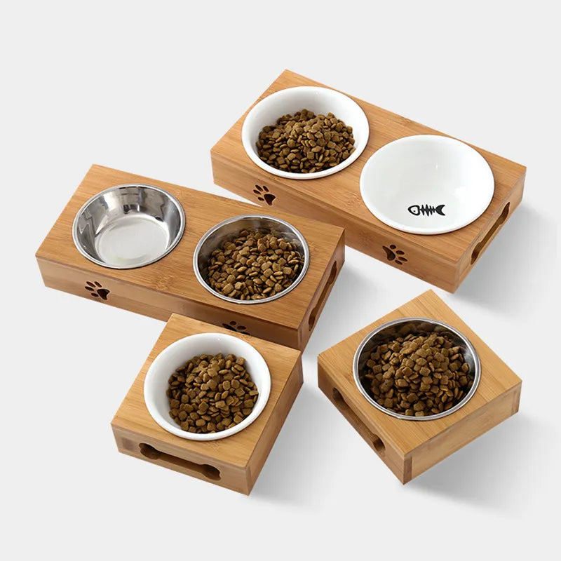 Pet Dog Cat Bowl Ceramic Bowl Bamboo Wooden Table Into A Kitten Skid Resistant Double Bowl Small Dog Food Bowl