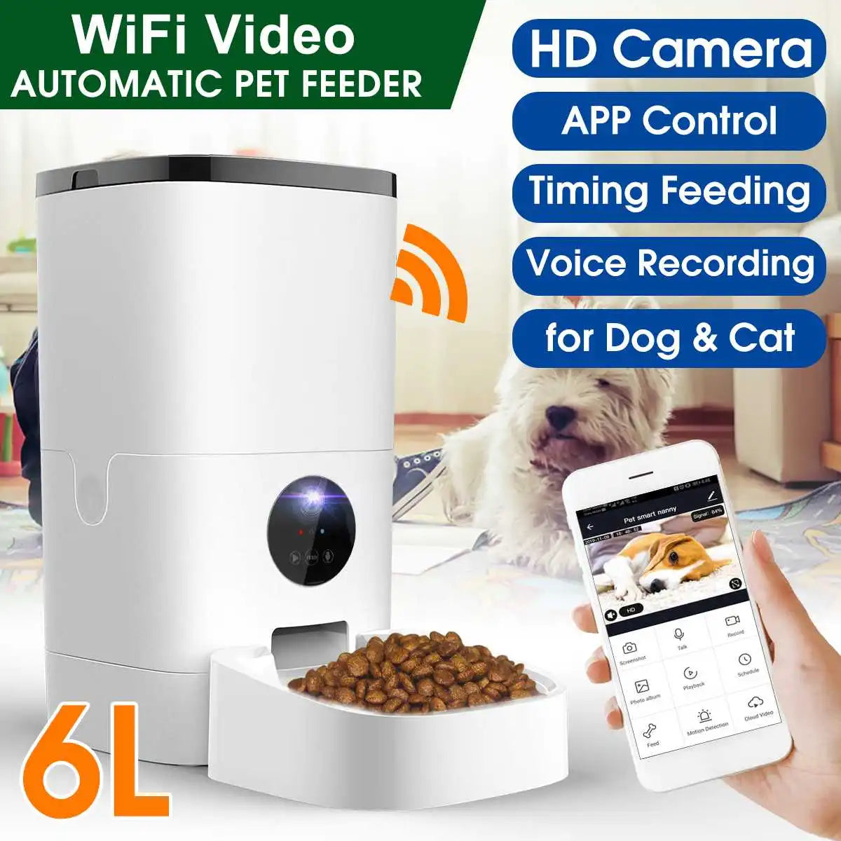 6L Pet Automatic Feeder Cat Dog Food Dispenser Vedio Version Smart 5S Voice Recorder APP Control Timing Feeding With HD Camera