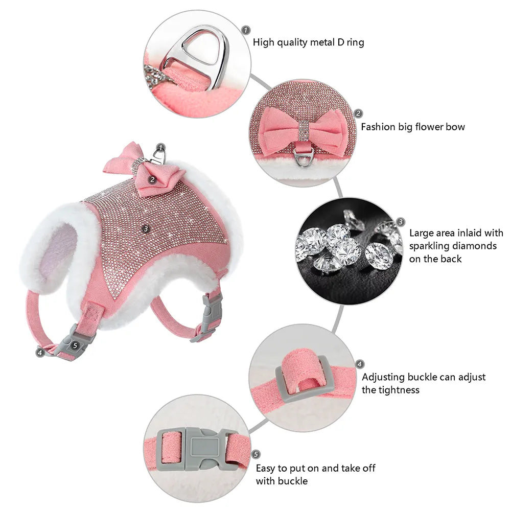 Bling Rhinestones Harness For Small Dogs Cats Soft Warm Dog Harness Vest Leash Set With Bowtie Winter Pet Clothes For Chihuahua