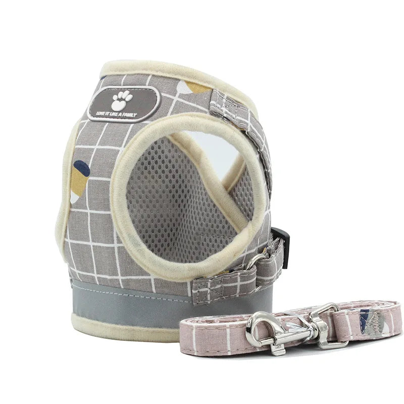 Small Medium Dog Harness Reflective Breathable Chest Strap Plaid Teddy Bichon Pet Clothes Supplies Dog Chain Leash Printed Vest