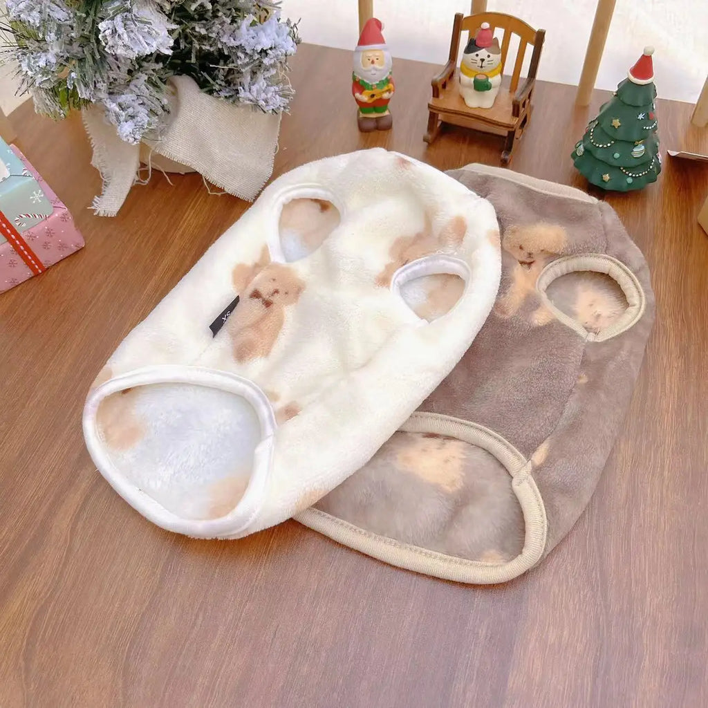 New Ins Pet Clothes Dog Cat Winter Coral Fleece Warm Home Clothes Vest Teddy Bear Clothing Printed Cartoon Bear Dog Sweater