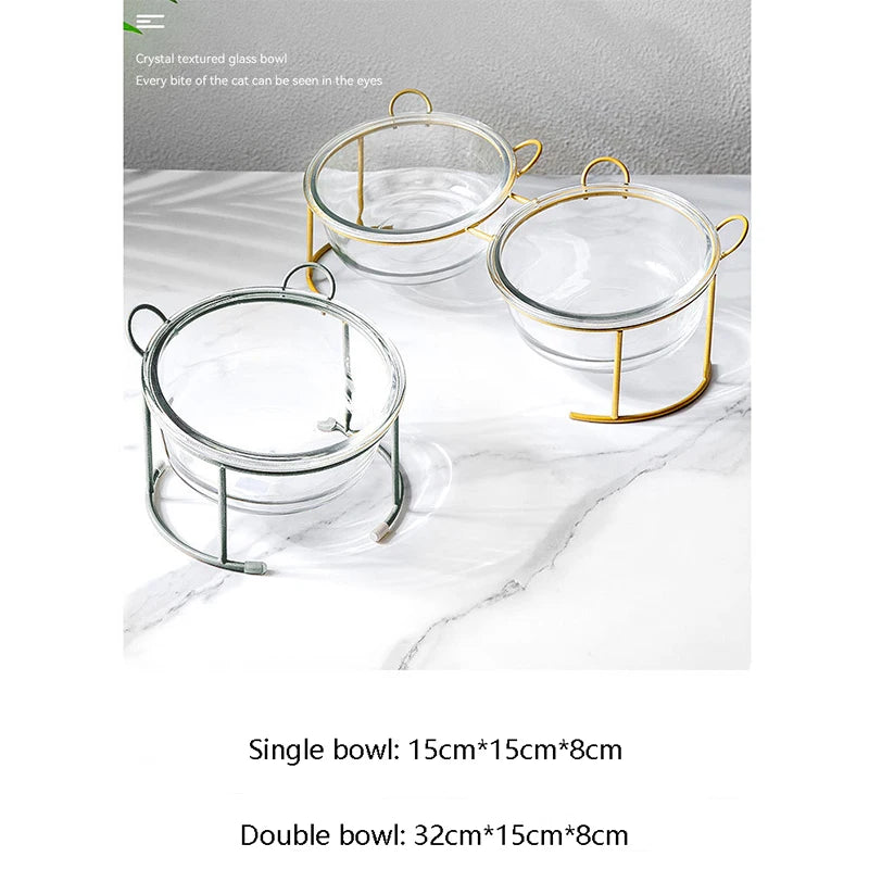 Non-slip Double Cat Bowls Glass Dog Food Bowl Transparent High Foot Oblique Mouth Cat Bowls with Stand Pet Products
