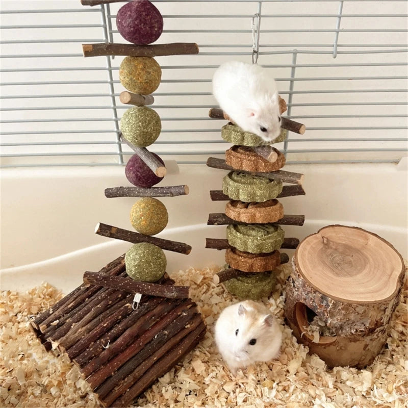 Hamsters Chew Toy Hays Treat for Small Animal Teeth Cleaning Hanging Wood Twigs Bamboos Stick Grass Toy for Rabbits