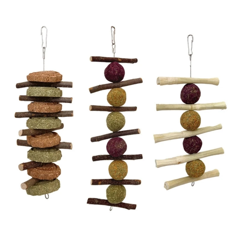 Hamsters Chew Toy Hays Treat for Small Animal Teeth Cleaning Hanging Wood Twigs Bamboos Stick Grass Toy for Rabbits