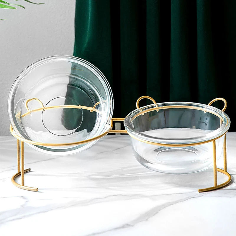 Non-slip Double Cat Bowls Glass Dog Food Bowl Transparent High Foot Oblique Mouth Cat Bowls with Stand Pet Products