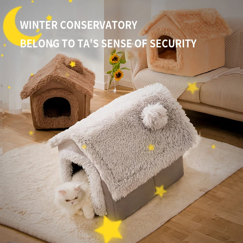 Enclosed Cat House Winter Warm Small Pet Plush Sleeping Nest Basket Removable Washable Soft Pet Bed Dog House Indoor Cat Bed