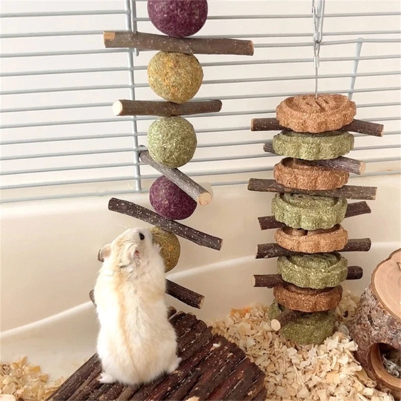 Hamsters Chew Toy Hays Treat for Small Animal Teeth Cleaning Hanging Wood Twigs Bamboos Stick Grass Toy for Rabbits