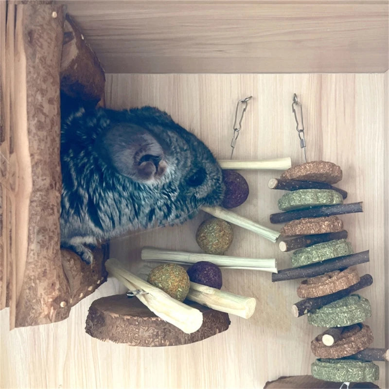 Hamsters Chew Toy Hays Treat for Small Animal Teeth Cleaning Hanging Wood Twigs Bamboos Stick Grass Toy for Rabbits