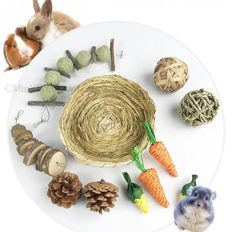 11Pcs/bag Small Animal Chew Toys Hay Treats For Guinea Pig Rabbit Hamster Gerbil Teeth Cleaning Toys Stick Set Pet Supplies