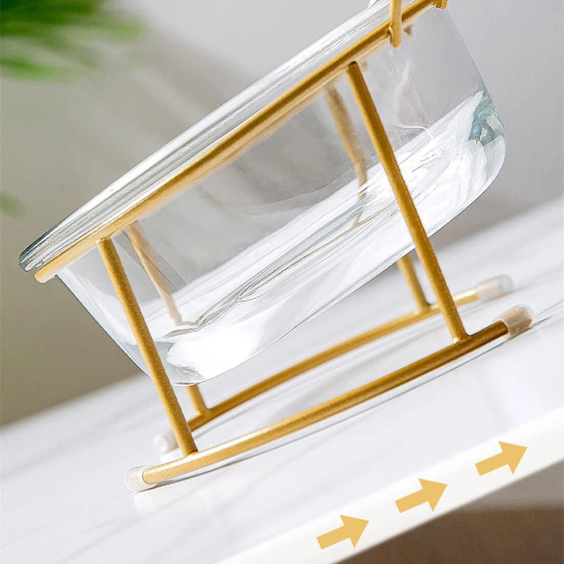 Non-slip Double Cat Bowls Glass Dog Food Bowl Transparent High Foot Oblique Mouth Cat Bowls with Stand Pet Products