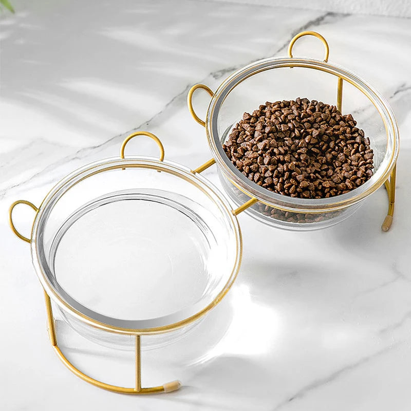 Non-slip Double Cat Bowls Glass Dog Food Bowl Transparent High Foot Oblique Mouth Cat Bowls with Stand Pet Products