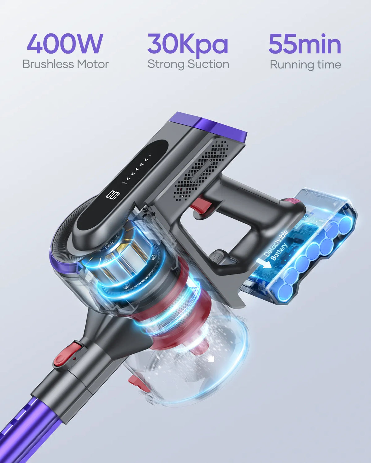 BUTURE 400W 33Kpa Handheld Wireless Cordless Cleaner Vacuum with Touch Display and 1.2L Large Dust Cup for Floor Carpet Car Pet