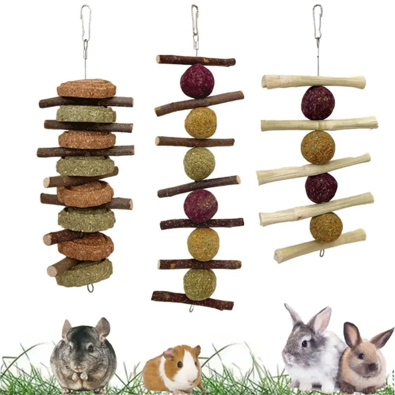 Hamsters Chew Toy Hays Treat for Small Animal Teeth Cleaning Hanging Wood Twigs Bamboos Stick Grass Toy for Rabbits