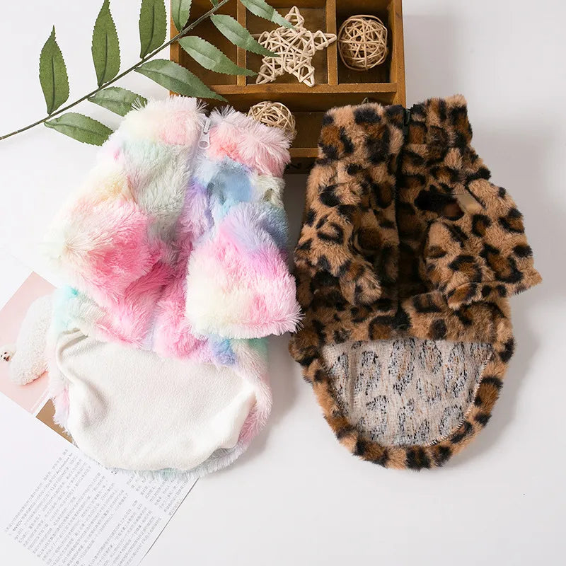Pet Clothes Autumn Winter Plush Coat Leopard Print Sweater Colorful Colors Small Dog Cat Jacket Fur Sweater Bulldog Pug Poodle