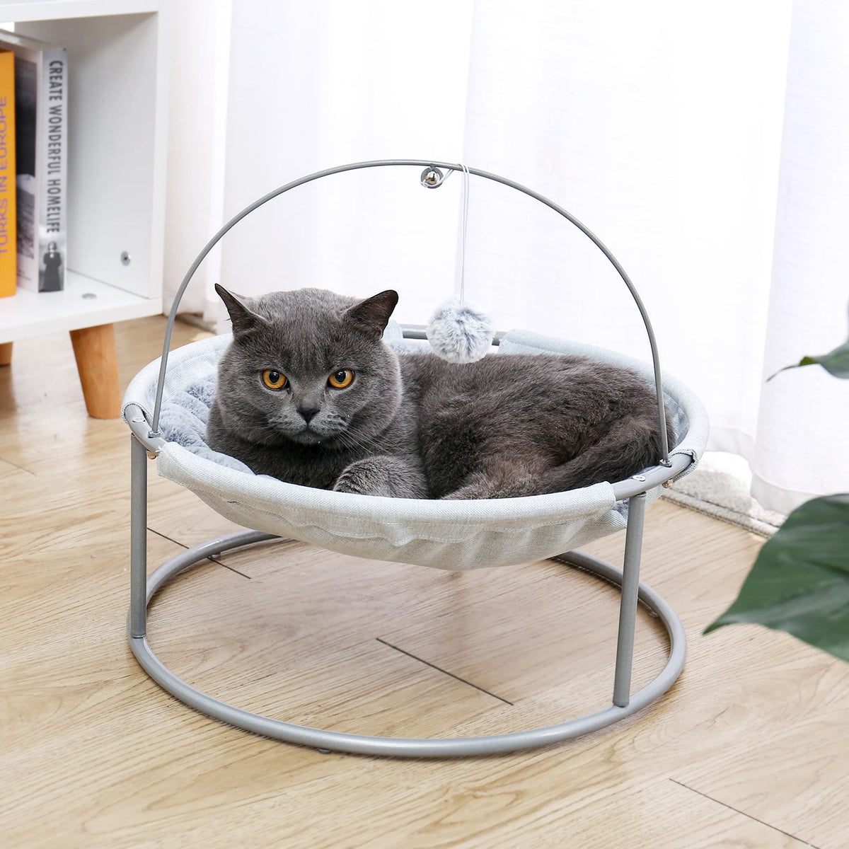 Cat Soft Plush Hammock Pet Bed Cat Cradle Hammock Detachable Cat Round Hanging Basket Sofa with Dangling Ball for Cats Small Bed