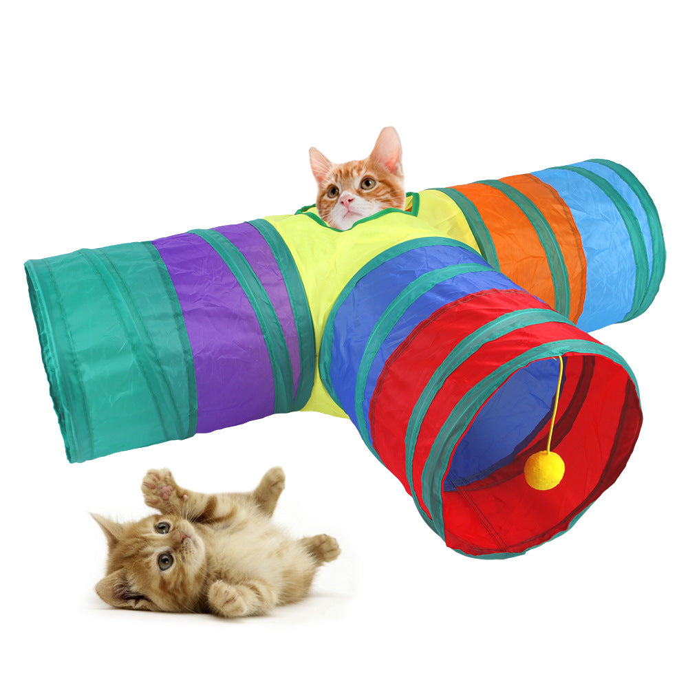Cross-border factory pet cat tunnel cat rainbow three-channel interactive cat toy drill bucket folding cat toys