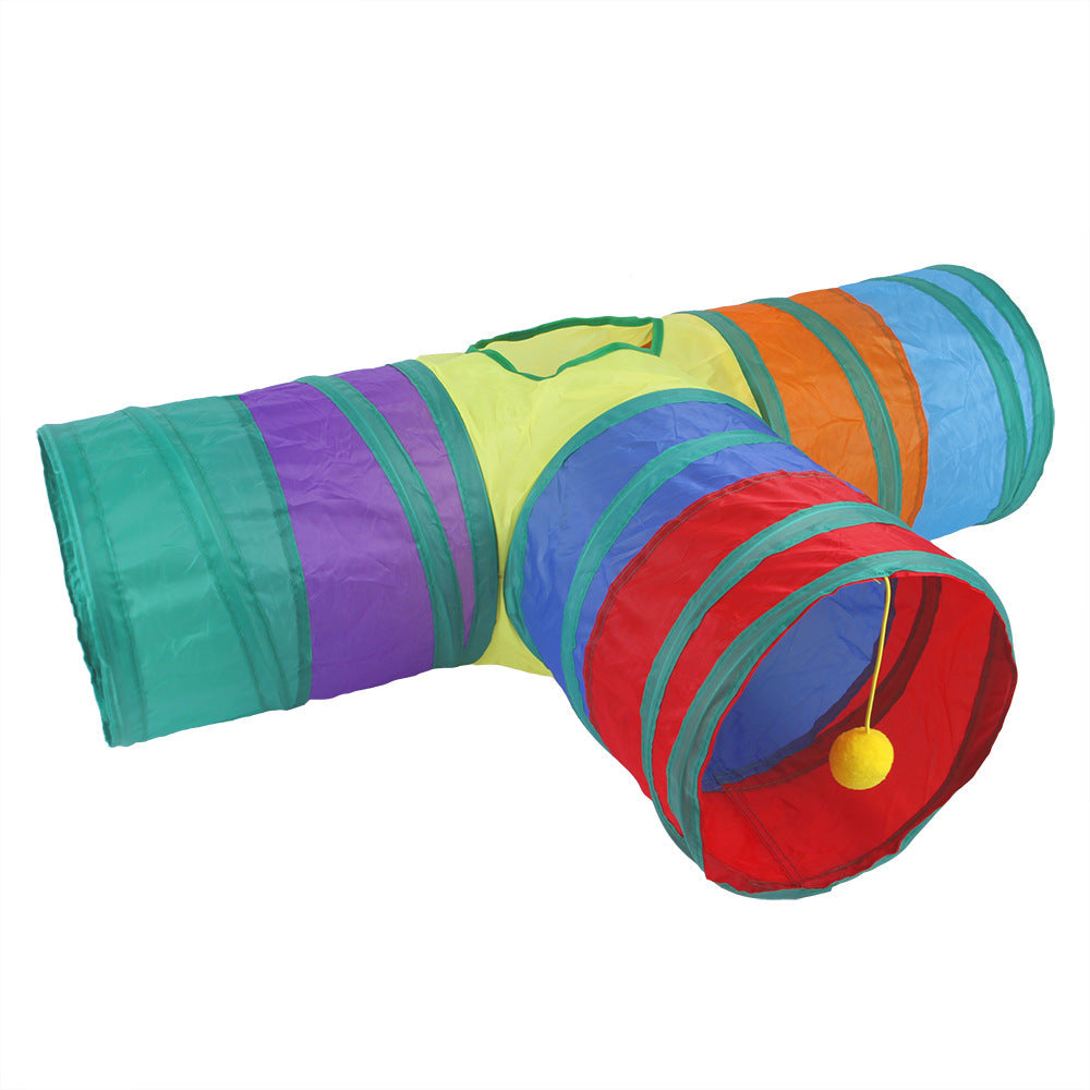 Cross-border factory pet cat tunnel cat rainbow three-channel interactive cat toy drill bucket folding cat toys