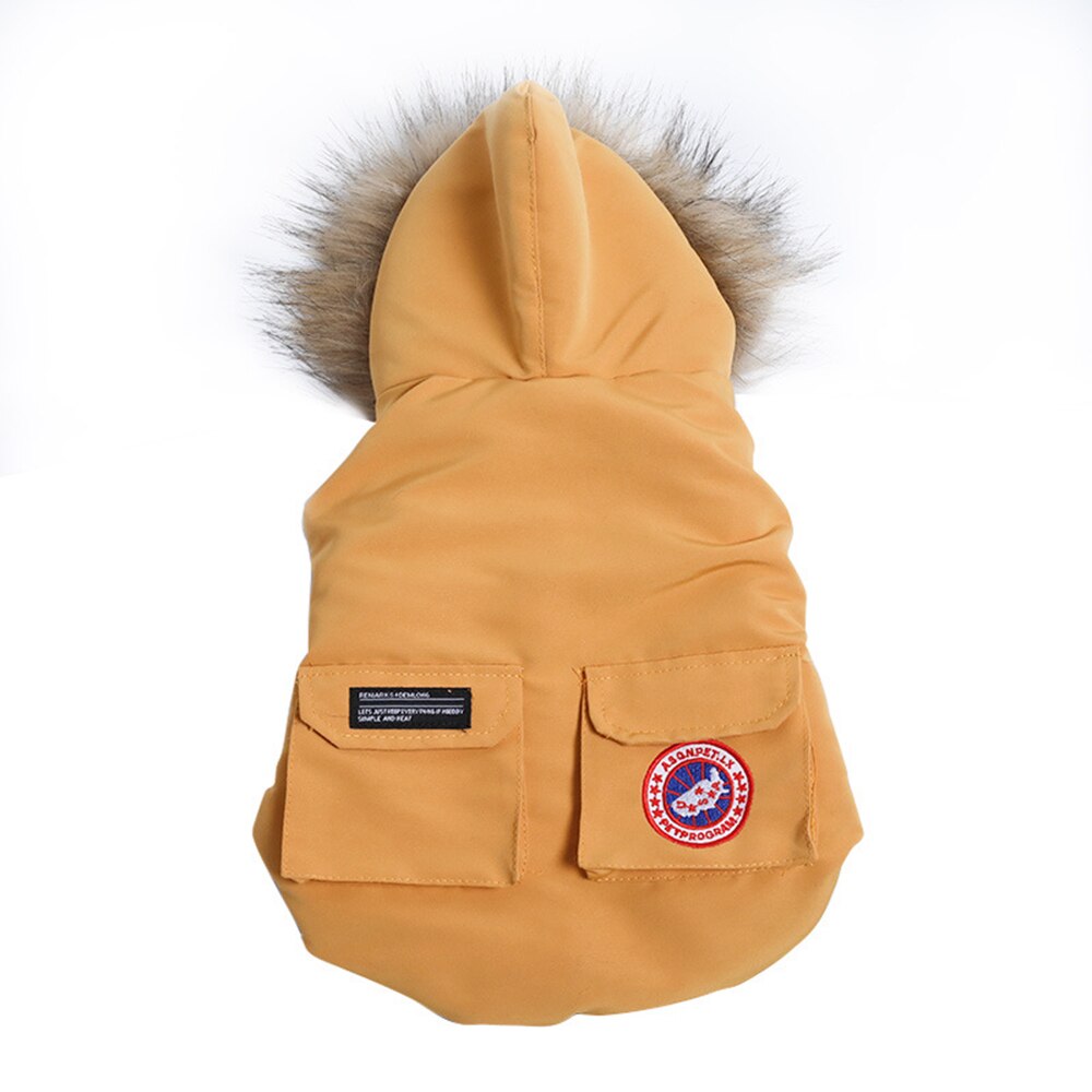 Piumino tecnico con cappuccio e bordo di eco-pelliccia. Abbigliamento chic di lusso per il tuo Pet.