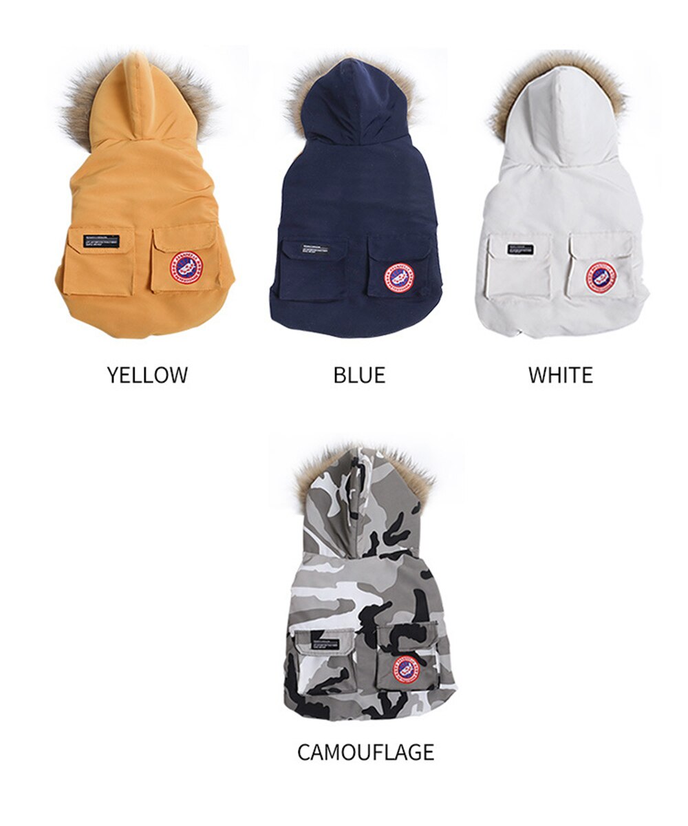 Piumino tecnico con cappuccio e bordo di eco-pelliccia. Abbigliamento chic di lusso per il tuo Pet.