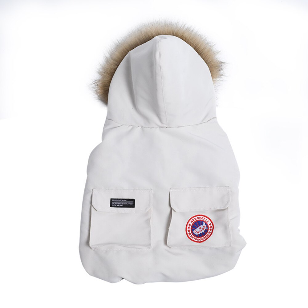 Piumino tecnico con cappuccio e bordo di eco-pelliccia. Abbigliamento chic di lusso per il tuo Pet.