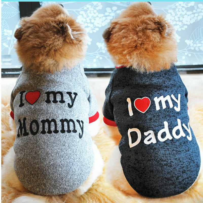 Simpatica felpa I LOVE MY MOMMY - I LOVE MY DADDY per il tuo Pet. Per cani, gatti e animali domestici.