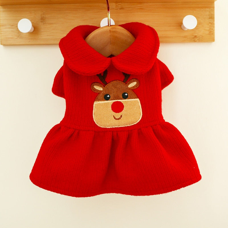 Felpa con cappuccio e vestitino di Natale con renna sul dorso. Abbigliamento in maglia chic di lusso per cani, gatti e animali domestici.