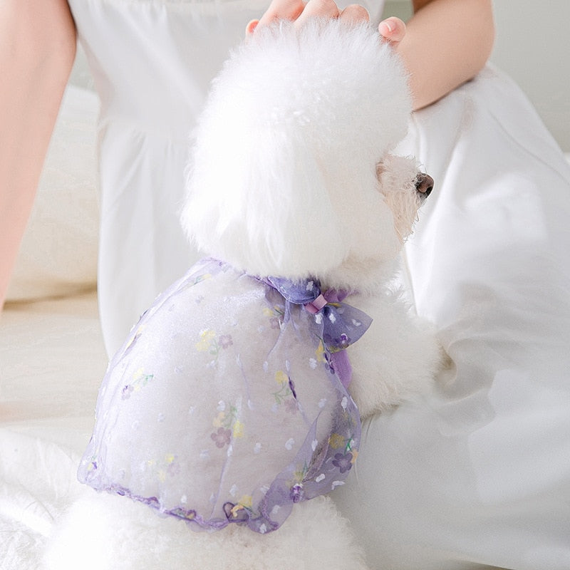 Spring and Summer Dog Clothes Floral Organza Pet Sling Puppy Cat Thin Breathable Vest Pet Fashion Two-legged Clothes