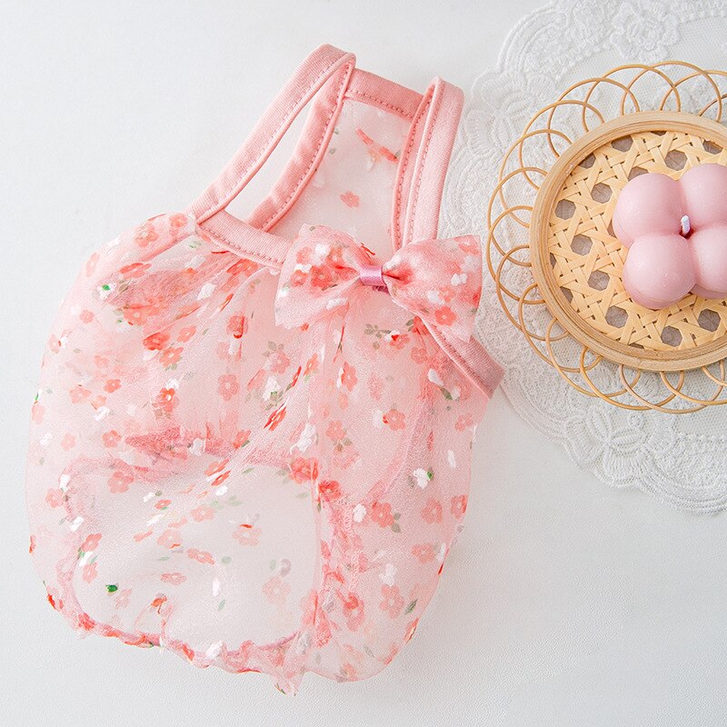 Spring and Summer Dog Clothes Floral Organza Pet Sling Puppy Cat Thin Breathable Vest Pet Fashion Two-legged Clothes